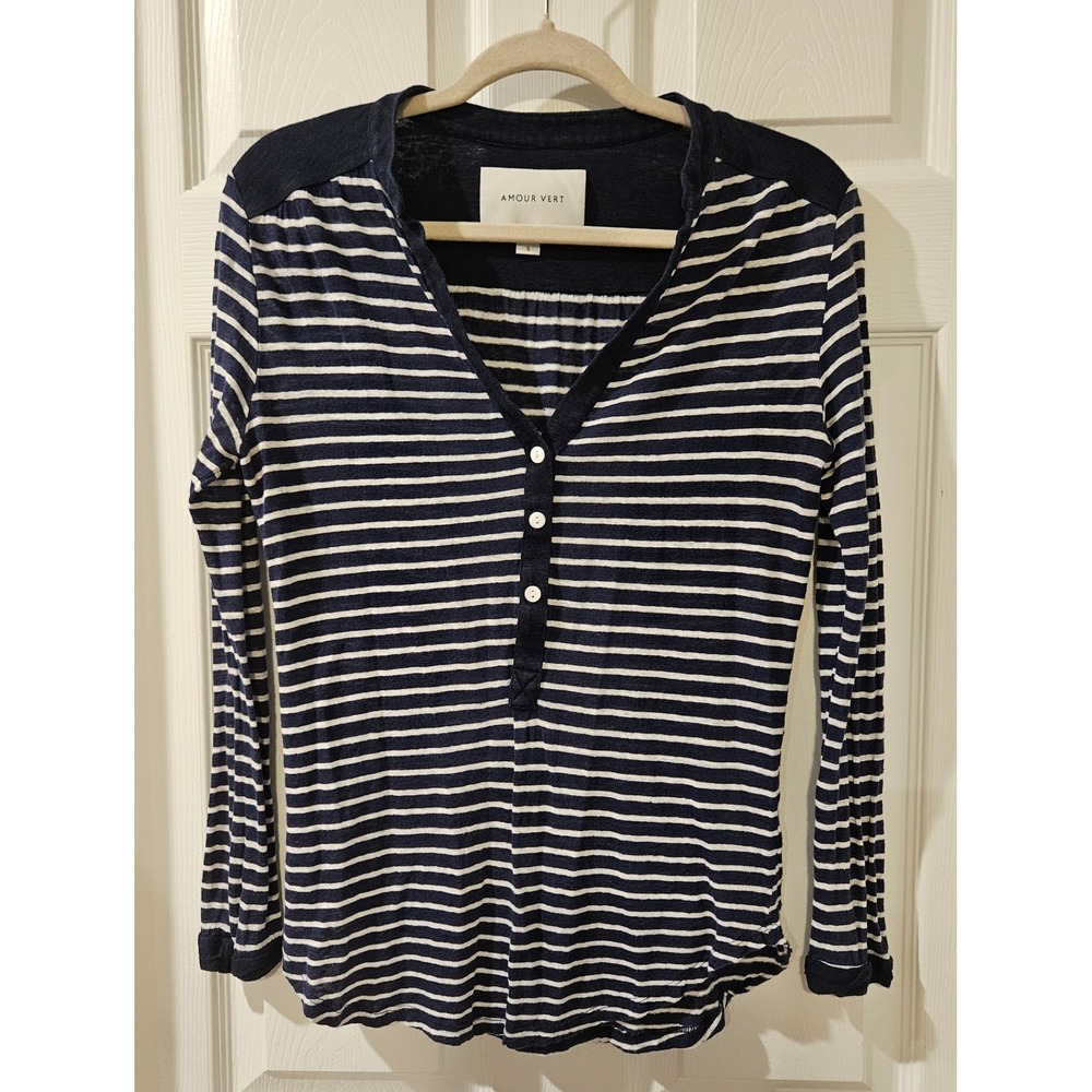 Amour Vert 100% Linen Henley Top Striped Navy White Long Sleeve‎ Women's Small